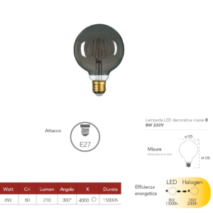 FANLUXASE27G125 Lampadina led filamento 8W 4000K sfera diametro 125mm