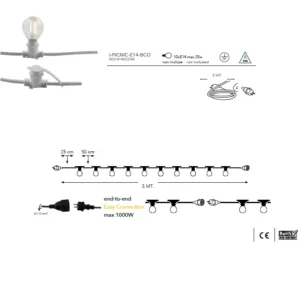 FANIPICNICE14BCO Cordone luminoso 5mt con 10 portalampade E14 prolungabile