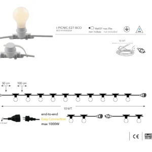 FANIPICNICE27BCO Cordone luminoso 10mt con 10 portalampade E27 prolungabile